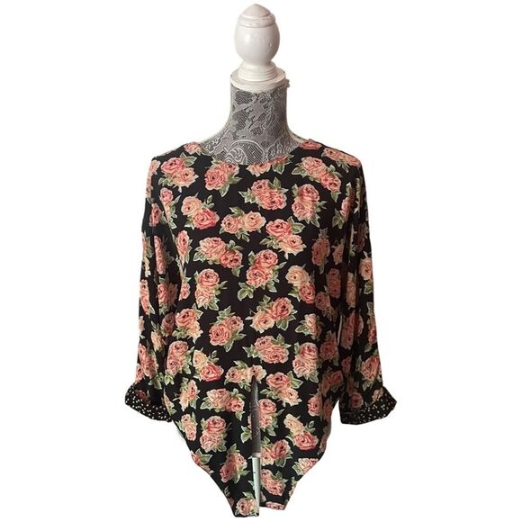 VINTAGE 90s Carole Little Floral Mixed Media Print Tie Front Blouse - Picture 4 of 7